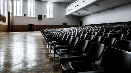 Fototapeta premium Empty Auditorium with Rows of Chairs and Wooden Floor in Natural Light : Generative AI