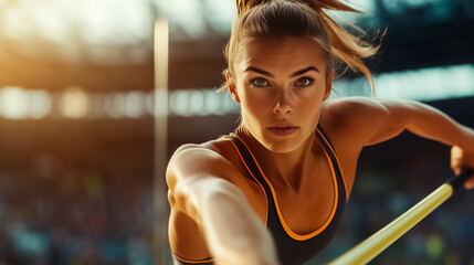 Graceful yet strong, female pole vaulter in mid-action, gripping the pole with intensity in a stadium