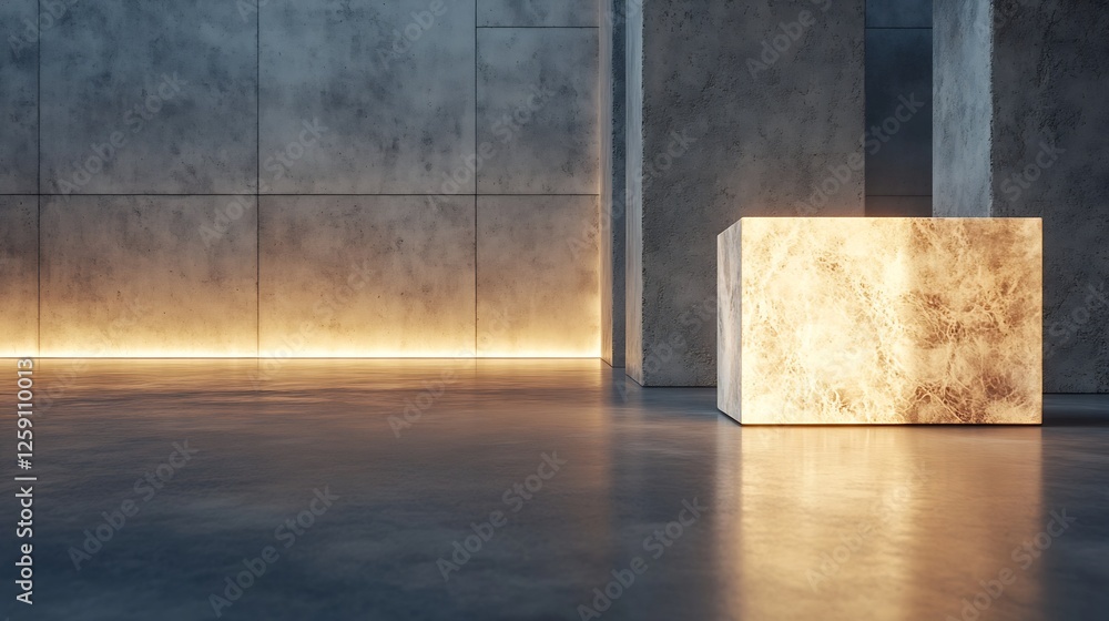 Poster minimalist interior design featuring illuminated marble block in modern setting : generative ai