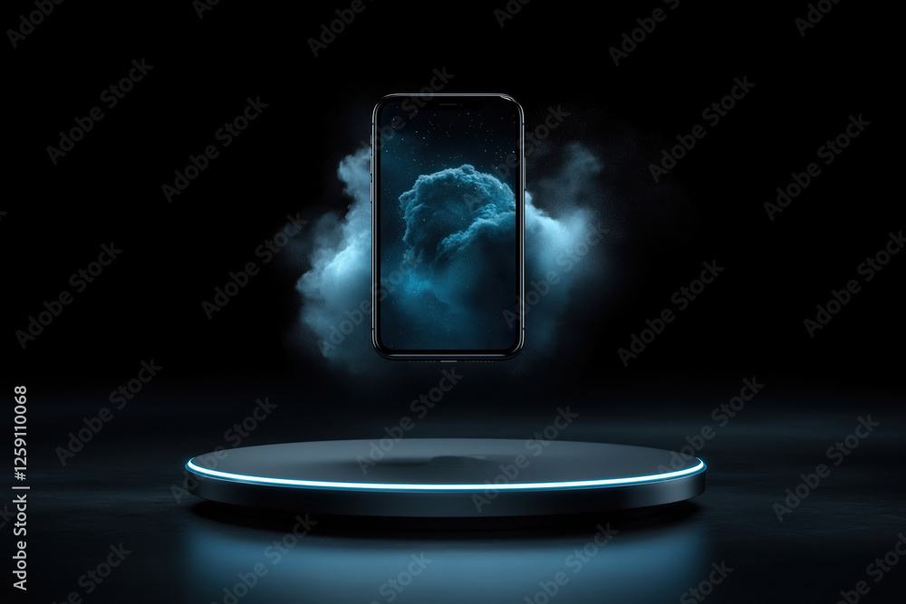 Poster floating smartphone surrounded by mist in a dark environment with glowing base