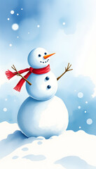 Obraz premium Snowman on snow, watercolor. with white shades