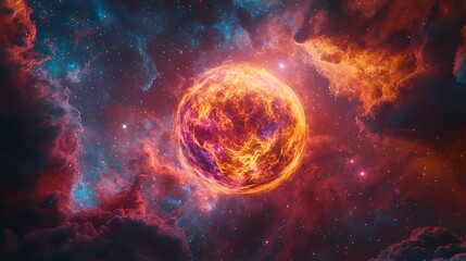 Obraz premium Fiery planet in nebula, cosmic landscape, space exploration, science fiction background.