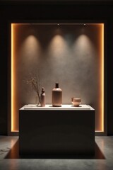 Elegant product showcase under dimly lit ambient lighting with soft warm glow on gray background, minimalist style, shadows