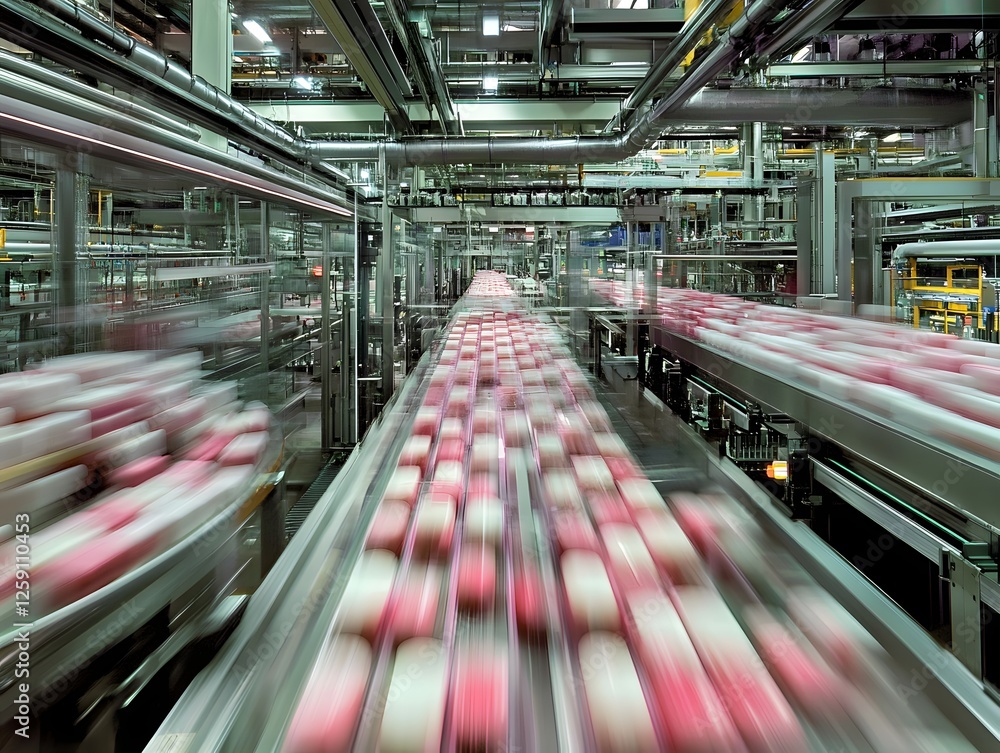 Poster a dynamic view of a factory assembly line with moving conveyor belts filled with products, illustrat