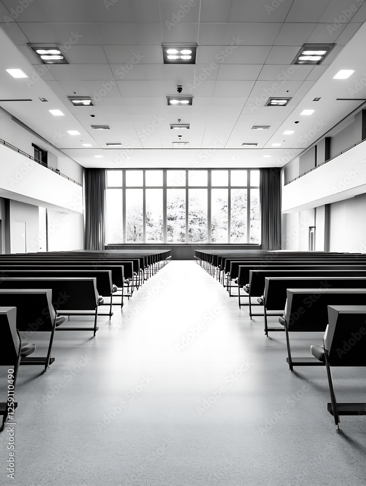 Poster Spacious and minimalistic modern hall featuring rows of empty chairs and large windows : Generative AI