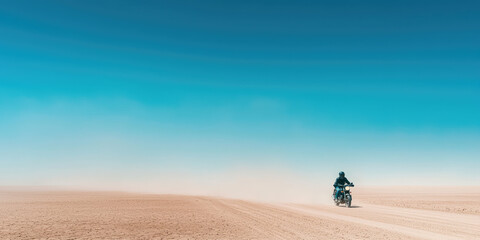 A motorcyclist rides on a dusty road in the countryside. Picturesque view, field, sky, motorcycle trip.