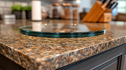 Fototapeta premium Round Glass Plate On Granite Kitchen Countertop