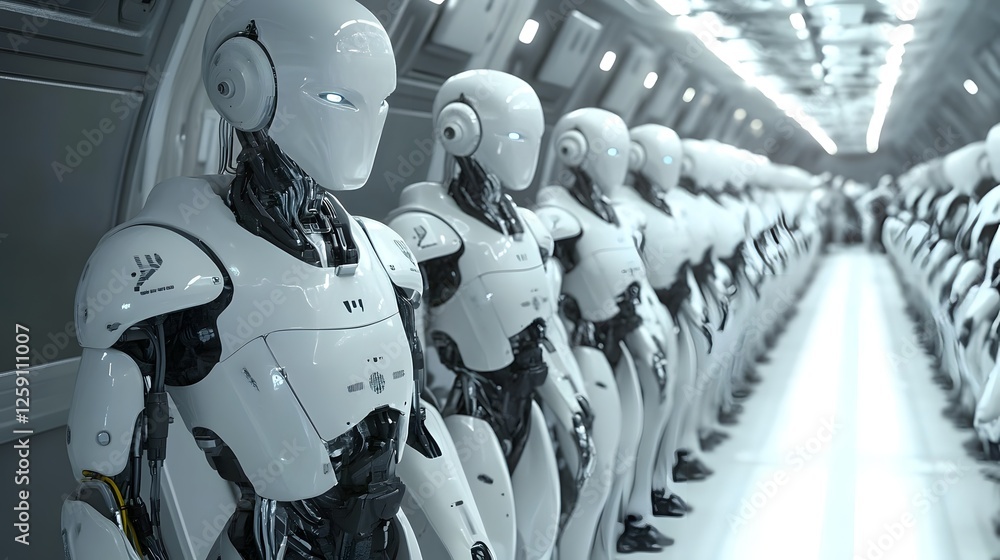 Poster a futuristic assembly of humanoid robots, lined up in a sleek, metallic environment, showcasing adva