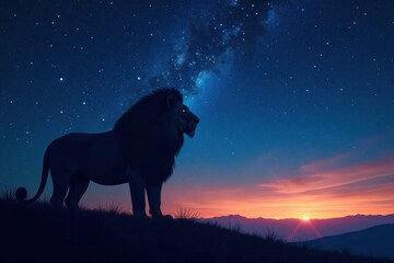 Enormous Lion silhouette under a starry night sky , silhouette, lion, landscape