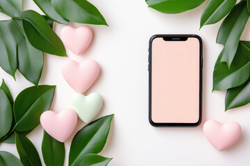 Smartphone on a flat surface surrounded by leaves and heart-shaped objects in soft colors