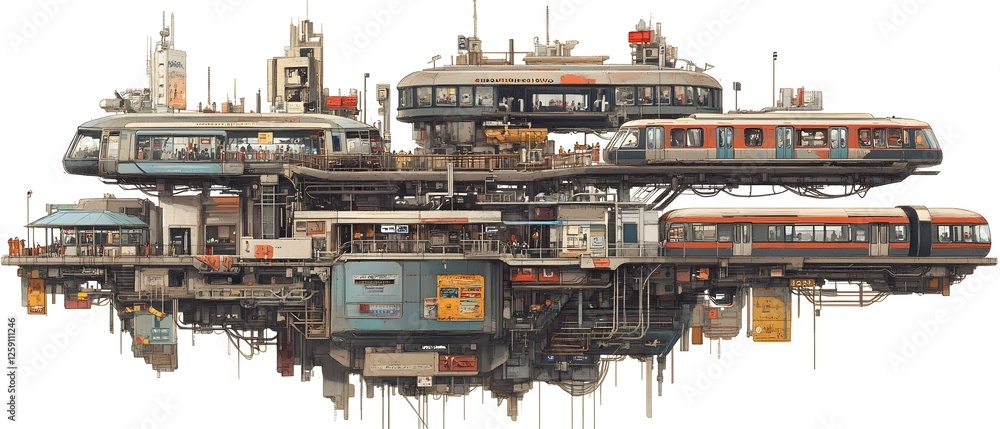 Aufkleber a futuristic floating city with interconnected trains and advanced architecture