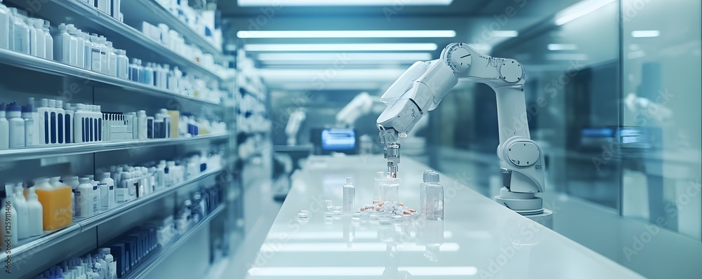 Aufkleber a futuristic robotic arm is sorting and organizing pharmaceutical products on a sleek, modern shelf 