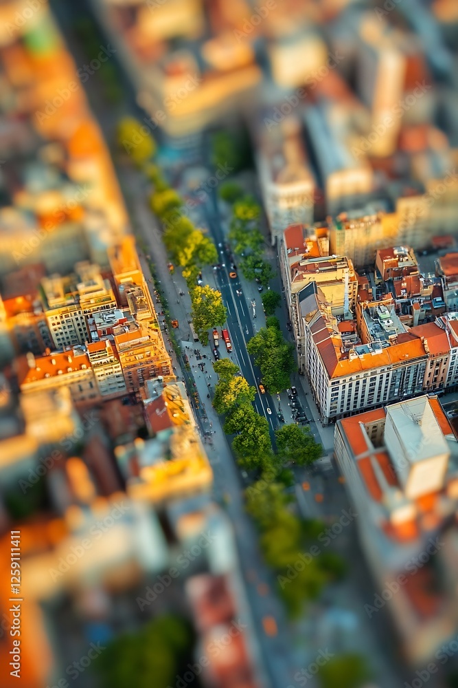 Aufkleber aerial view of urban street with trees and traffic on a beautiful day : generative ai