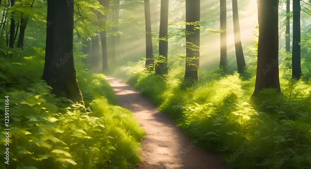 Poster sunlight streaming through a serene forest path in springtime 4k