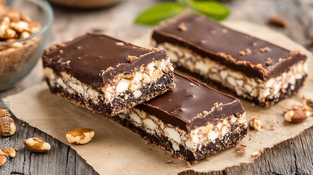 Poster Delicious chocolate nut bars stacked on a rustic table with grains and nuts creating an enticing dessert scene : Generative AI