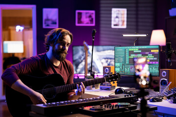 Musician teaching guitar lessons on internet with tutorials for social media pages, explaining strings accords on acoustic instrument. Guitarist doing online singing classes, filming with smartphone.