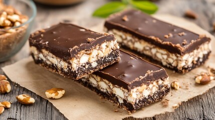 Delicious chocolate nut bars stacked on a rustic table with grains and nuts creating an enticing dessert scene : Generative AI