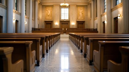 Elegant courtroom interior featuring wooden benches and grand architecture bathed in natural light : Generative AI