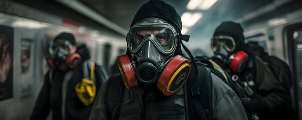Naklejka premium A group of individuals wearing gas masks traverse a dim subway station, highlighting themes of environmental concerns and urban survival in a tense, post-apocalyptic scenario.