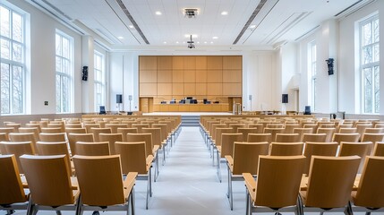 Modern Courtroom Interior with Rows of Wooden Chairs and Large Windows for Legal Proceedings : Generative AI