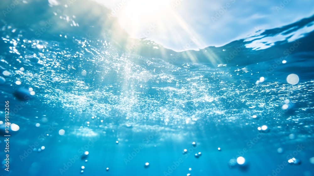 Aufkleber beneath the water surface with sparkling sun rays and air bubbles in vibrant aquatic scene : generat