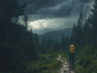 A lone hiker traverses a rugged path in a dense forest under a dramatic sky. The scene captures the spirit of adventure amidst nature's beauty and unpredictability.