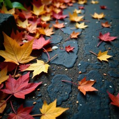 Exotic leaf litter scattered on dark stone floor, forest floor, rugged terrain, exotic leaves