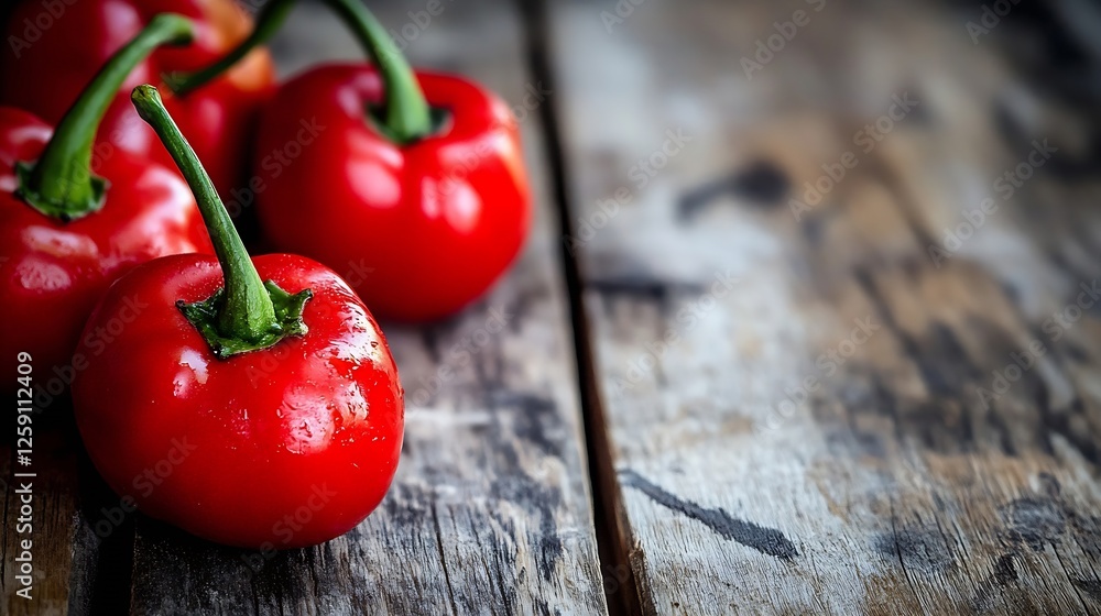 Aufkleber fresh vibrant red chili peppers on rustic wooden surface for culinary use : generative ai