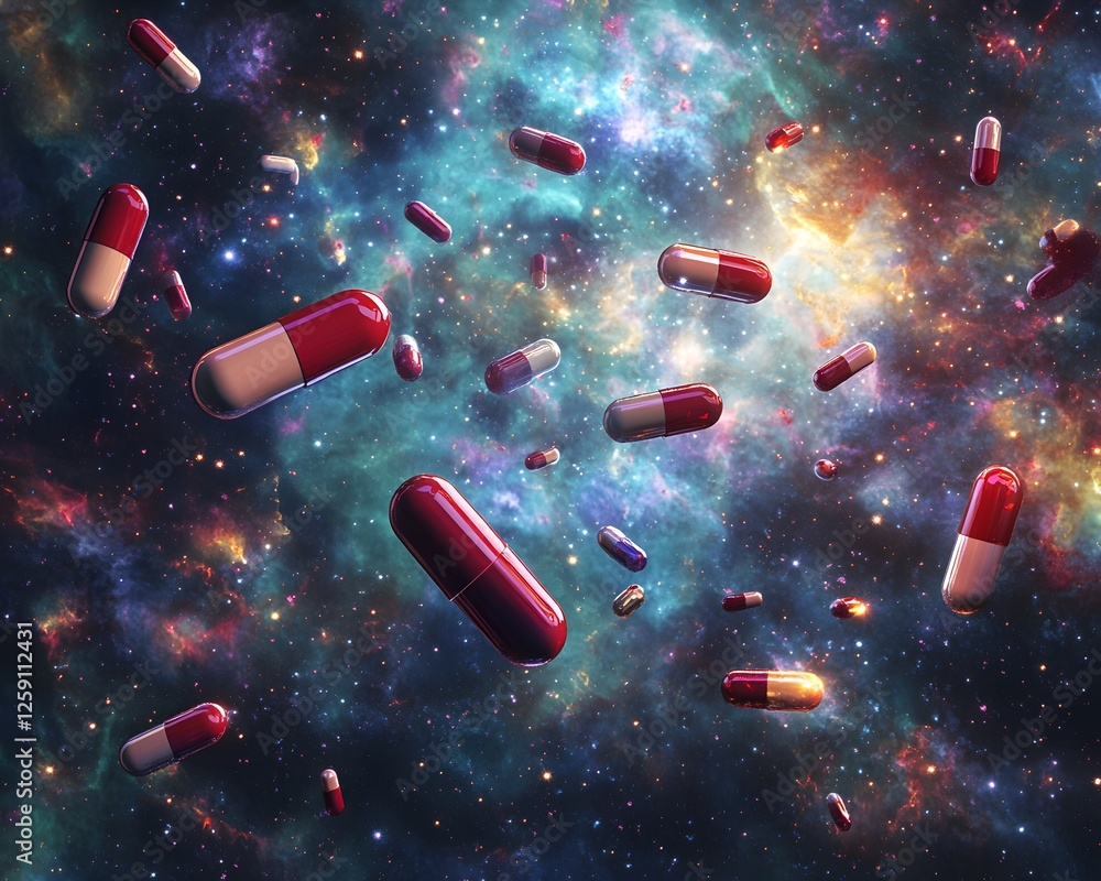 Poster a mesmerizing view of colorful capsules floating in a cosmic background. this image captures the int