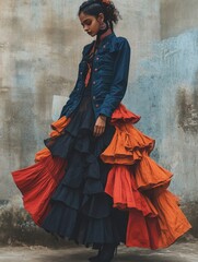 Fashion Portrait: Elegant model in a vibrant ruffled dress, blending navy and orange hues against an earthy backdrop. Ideal for style inspiration.