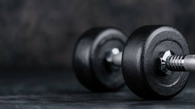 Black dumbbells on dark surface, fitness equipment, workout