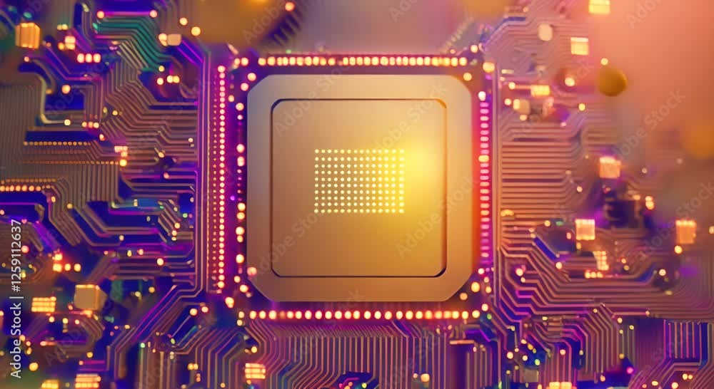 Poster printed board glowing with many colors microchip micro scheme modern technologies 4k