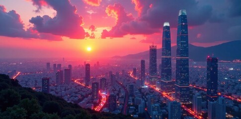 Fototapeta premium Futuristic cityscape at sunset with towering skyscrapers and neon lights , technology, neon, cityscape