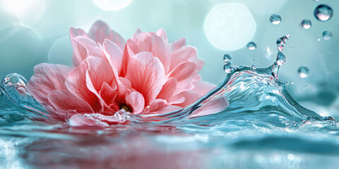 Close-up of a flower in a splash of water. Texture of petals under water. Background for cosmetic moisturizers with flower extracts