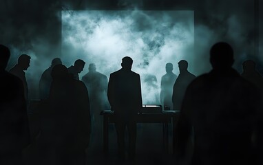 A mysterious silhouette of a figure stands before a gathering of indistinct individuals in a foggy atmosphere, suggesting themes of leadership, influence, and the unknown.