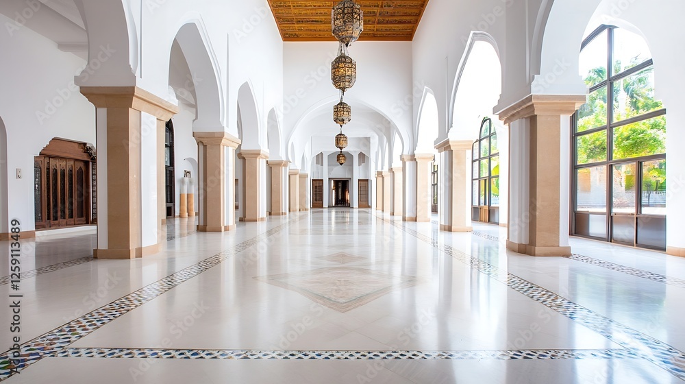 Poster elegant hallway with arched windows and elegant lighting fixtures in a cultural building : generativ