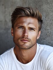Obraz premium Stylish young man with blonde hair and blue eyes posing against a textured gray background : Generative AI