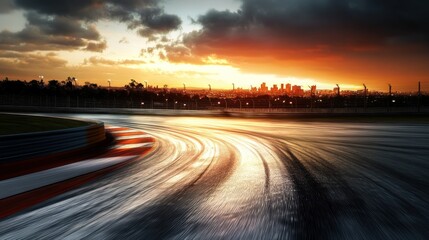 Sunset Cityscape Overlooking a Fast Race Track