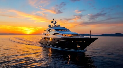 Naklejka premium Luxurious Yacht Sailing on Calm Water with a Beautiful Sunset in the Background : Generative AI