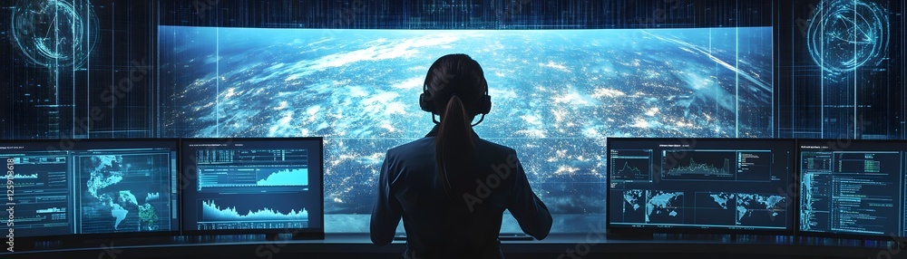 Poster a professional analyzing data on multiple screens, surrounded by advanced technology. this futuristi