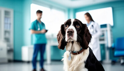 Black and white spaniel at the vet. Blurred doctors in the background.