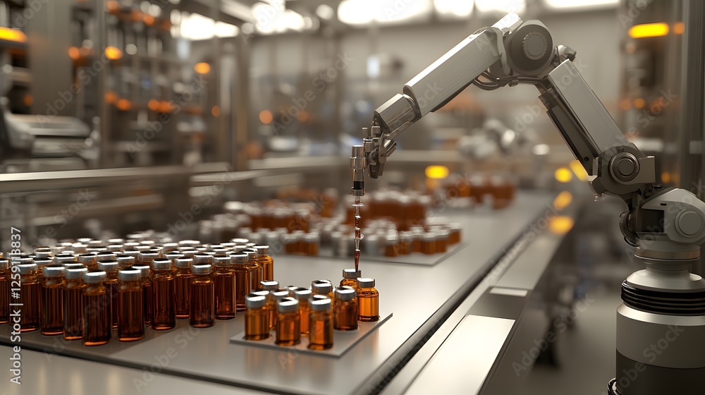 Poster a robotic arm efficiently working in a modern manufacturing facility, handling bottles of liquid. th