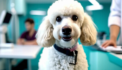 White poodle at the vet.