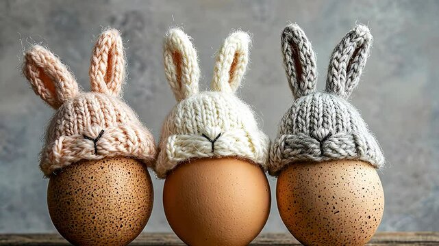 Charming easter eggs with knitted bunny hats in cozy rustic setting