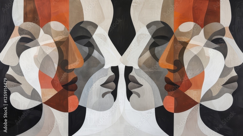 Poster a striking abstract portrait with multiple overlapping faces, blending geometric and organic shapes 