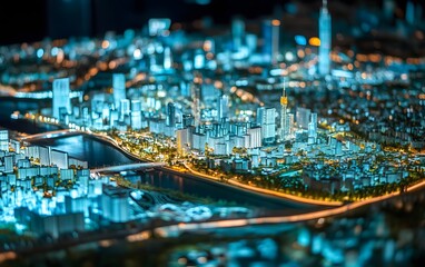 Obraz premium A stunning night view of a miniature cityscape, featuring illuminated skyscrapers, vibrant streets, and reflections on water