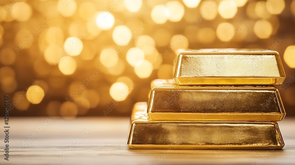 Poster glittering gold bars stacked on elegant background with bokeh lights for wealth and luxury themes : 