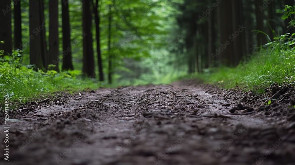 Poster serene forest pathway surrounded by lush green trees and nature : generative ai