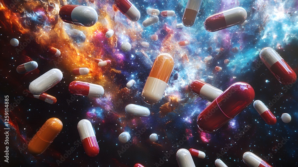 Poster a surreal depiction of colorful capsules floating in a cosmic backdrop, illustrating the intersectio