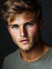 Obraz premium Striking Portrait of a Handsome Young Man with Flawless Skin and Captivating Blue Eyes : Generative AI